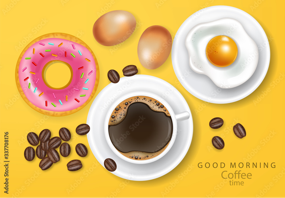 Breakfast pink background, egg, pik donut, coffee and beans. Good morning realistic banner Breakfast pink background, egg, pik donut, coffee and beans. Good morning realistic banner