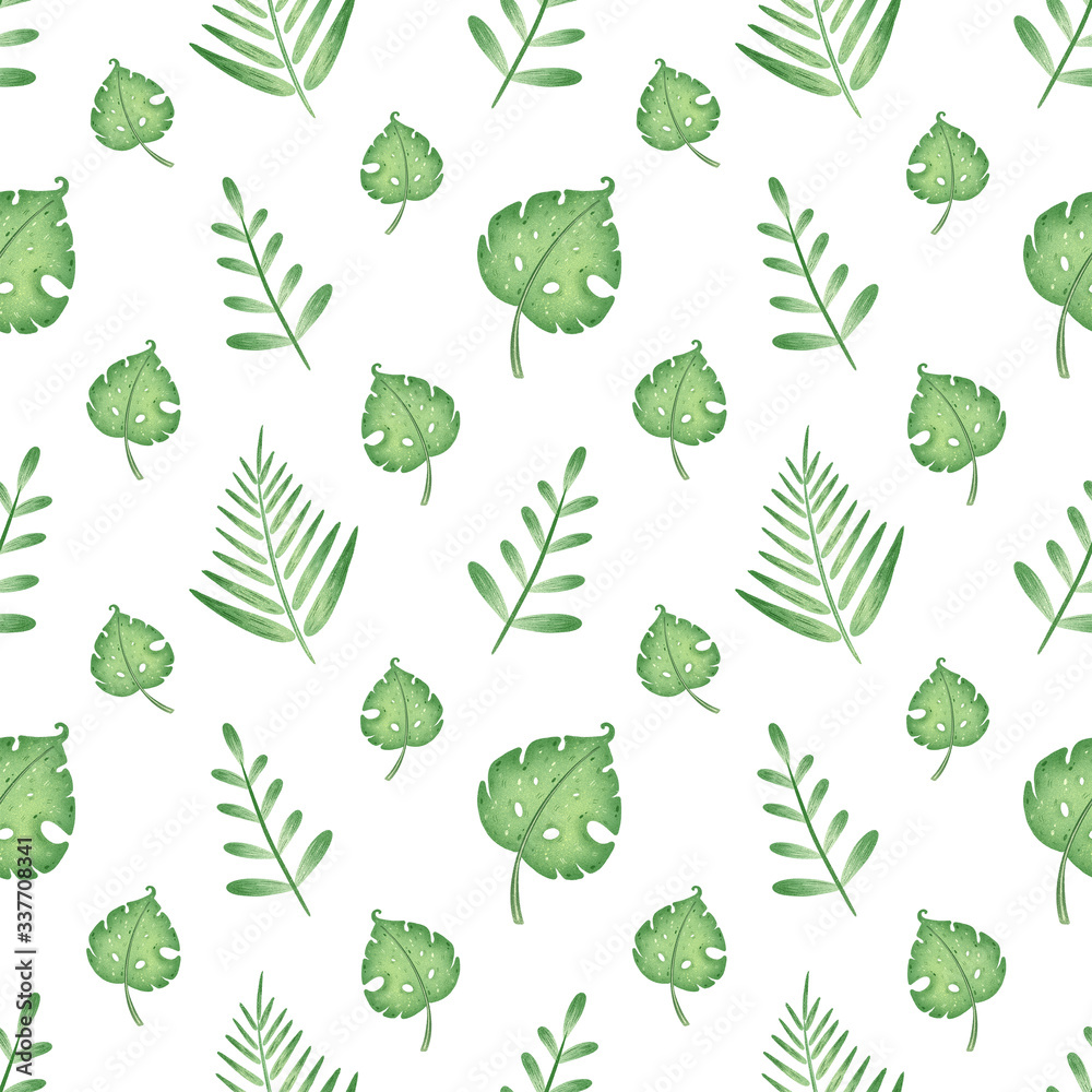 Fototapeta premium Tropical green leaves seamless pattern