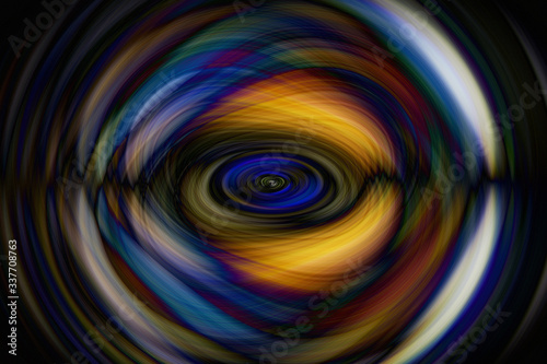 Abstract image with swirls in blue and orange tones that looks like an eye on black background