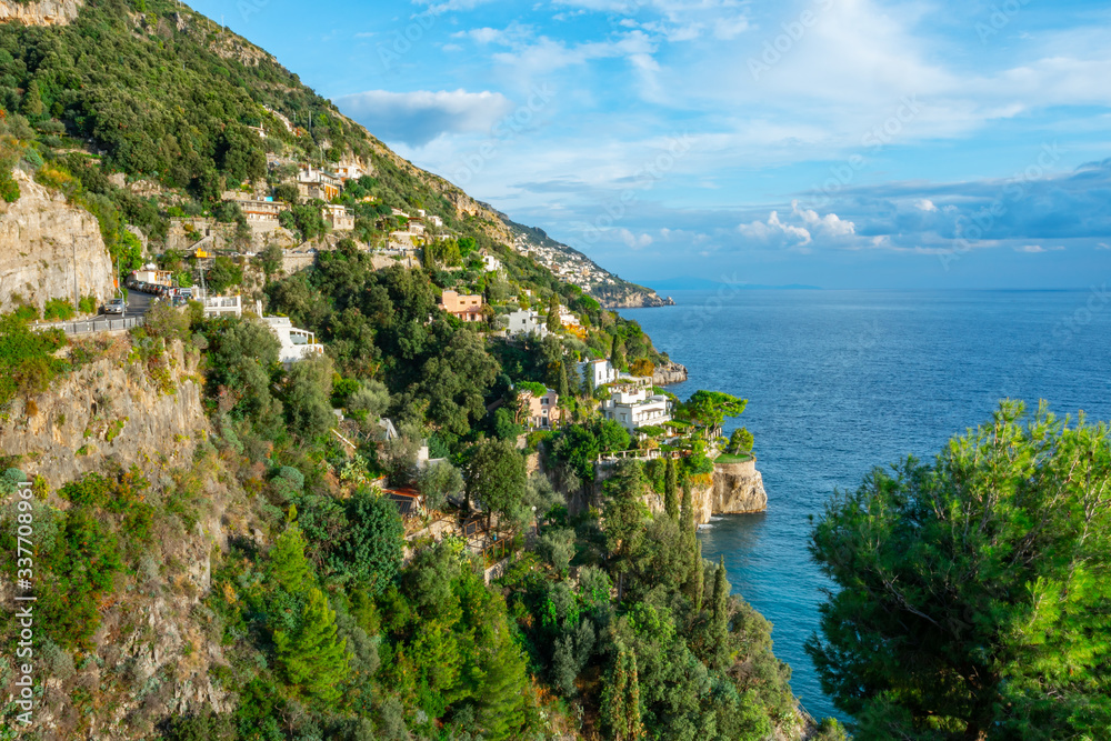 beautiful view of the coast of Positano, Amalfi Coast, Mediterranean Sea