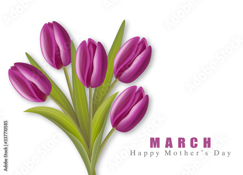 Fototapeta Naklejka Na Ścianę i Meble -  Happy Mother's Day violet tulips realistic.8 March,hello spring white background