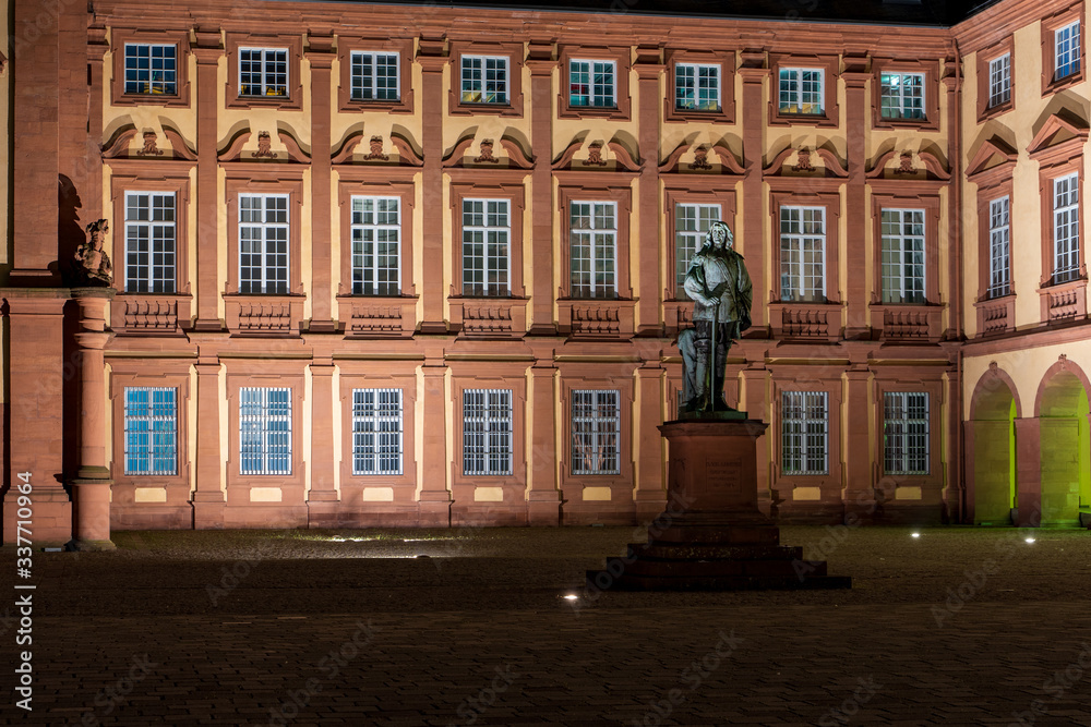 Mannheim, 10.04.2020: Castle illumination in Mannheim near the baroque castle in Mannheim in mid-April