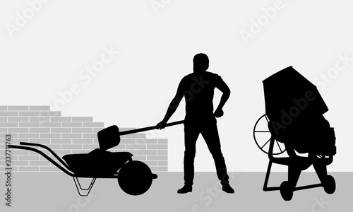 Realistic black and white illustration of a working bricklayer on a construction site. The bucket loads the mortar from the mixer into the truck. Brick wall background, vector