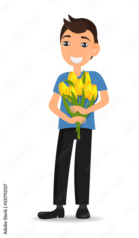 Hello spring, happy mother's day, man with yellow tulips set vector illustration
