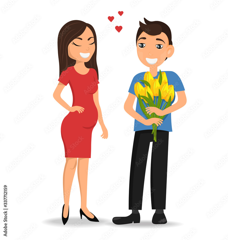Hello spring, happy mother's day, pregnant woman with flowers, man with yellow tulips vector illustration