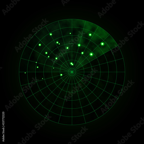 Green radar isolated on dark background. Military search system. HUD radar display. Vector illustration