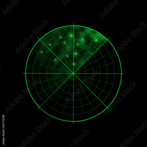 Green radar isolated on dark background. Military search system. HUD radar display. Vector illustration