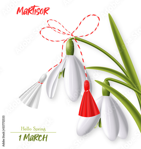 Hello spring, 1 march martisor red and white, snowdrop spring symbol realistic vector illustration