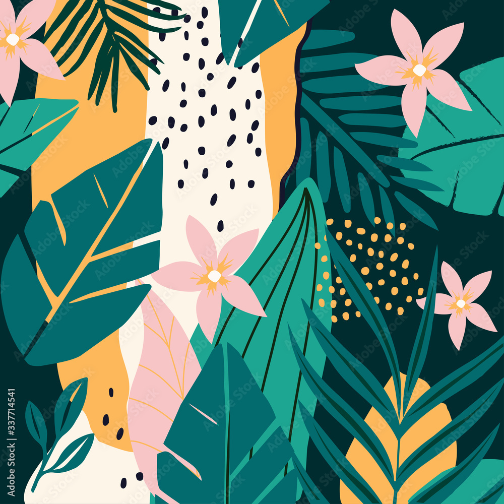 Plakat Colorful flowers and leaves poster background vector illustration. Exotic plants, branches, flowers and leaves art print for beauty, fashion and natural products, spa and wellness, wedding and events