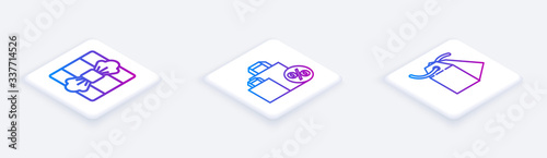 Set Isometric line Gift box, Shoping bag with discount and Blank label template price tag. White square button. Vector