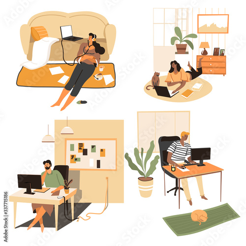 People staying at home, playing computer or working