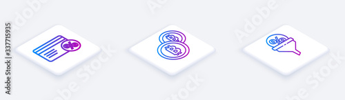 Set Isometric line Discount card with percent, Cryptocurrency coin Bitcoin and Lead management. White square button. Vector