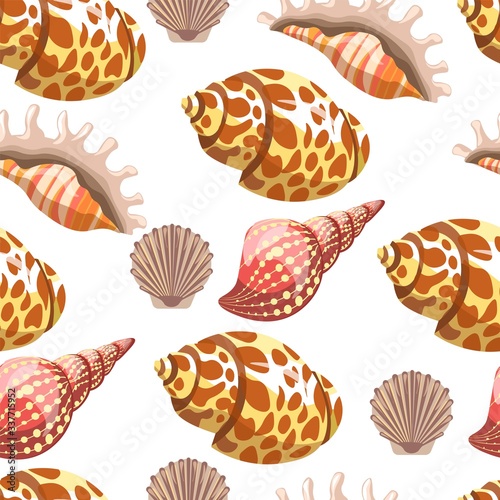 Seashell and conches, sea and ocean seamless pattern