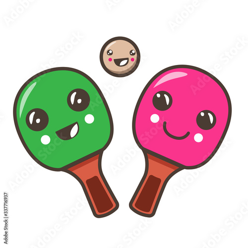 Table tennis rackets boy and girl. Kawaii illustration.