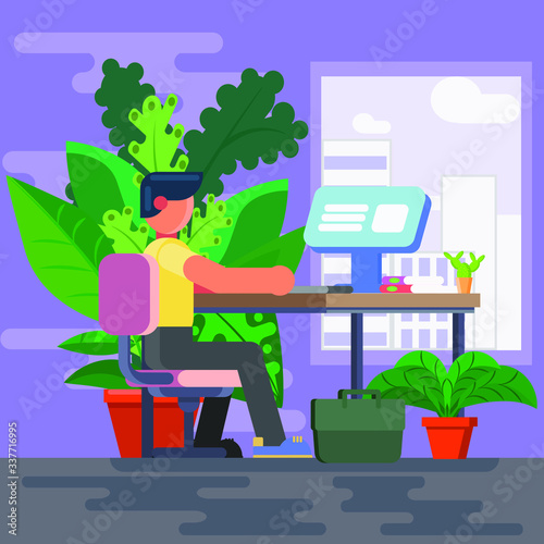 A man working in work space Decorated with plant  flat vector,vector illustration