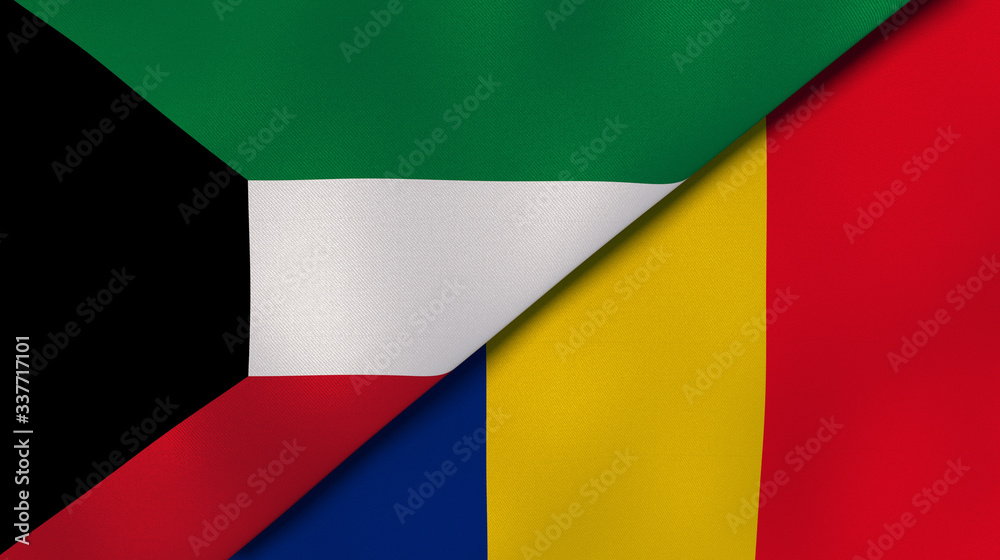 Obraz premium The flags of Kuwait and Romania. News, reportage, business background. 3d illustration
