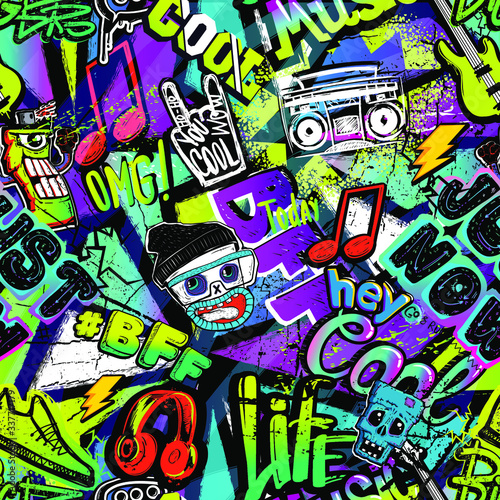 Abstract seamless cartoon pattern for kids, teenagers, fashion textile, clothes, wrapping paper. Repeated print with monsters doodle characters, graffiti text, music elements, lightning, guitar