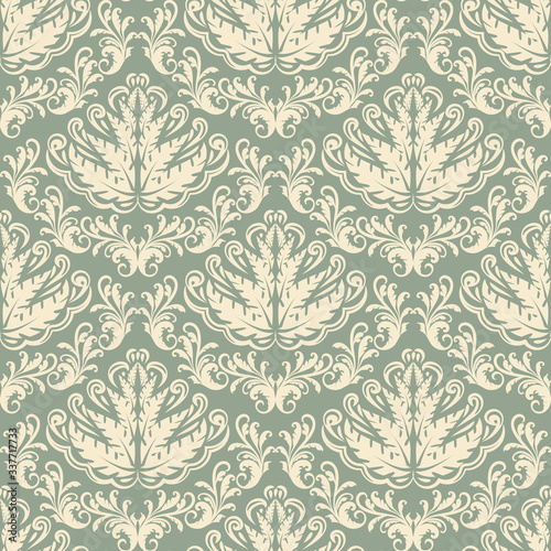 Damascus seamless background. Classic floral pattern, green color. Wallpaper, fabric, or packaging in vector
