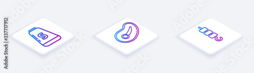 Set Isometric line Salt, Steak meat and Grilled shish kebab on skewer stick. White square button. Vector