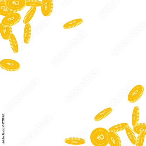 Russian ruble coins falling. Scattered big RUB coi