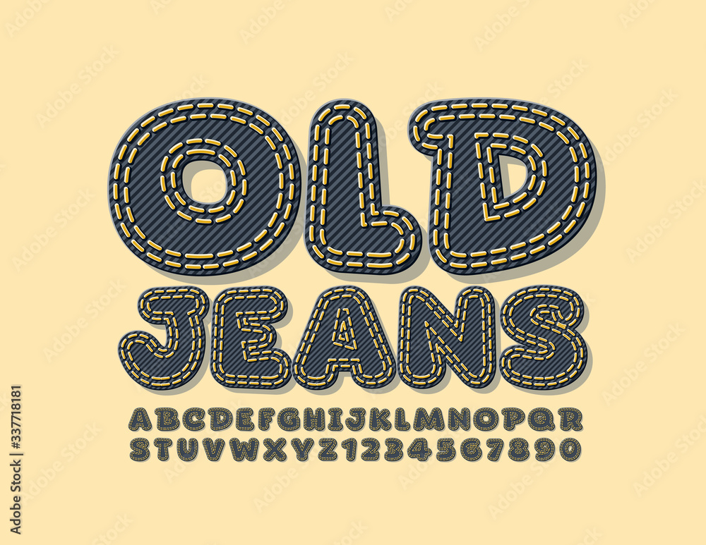 Vector trendy sign Old Jeans with Black Denim Font. Stitched textile  Alphabet Letters and Numbers vector de Stock | Adobe Stock