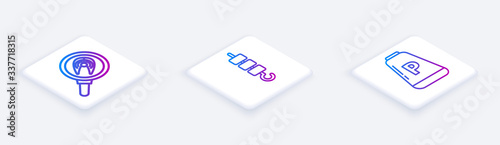 Set Isometric line Fish steak in frying pan, Grilled shish kebab on skewer stick and Pepper. White square button. Vector