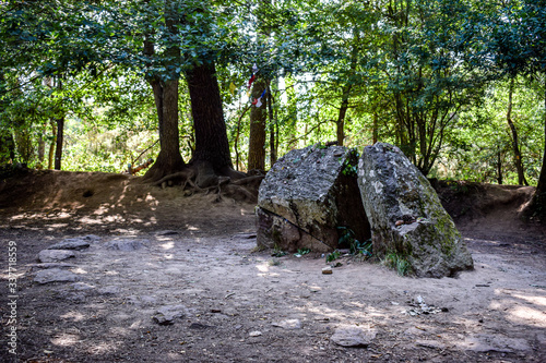 Photos Brittany, France-July 27, 2019: Merlin tomb, Brocéliande forest, Merlin the enchanting mythological place, Paimpont commune