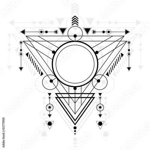 Modern sacred geometry outline shapes on white background. Sacred mystic signs drawn in lines. Illustration in black lines shape. Can use for background, t shirt, magic craft.