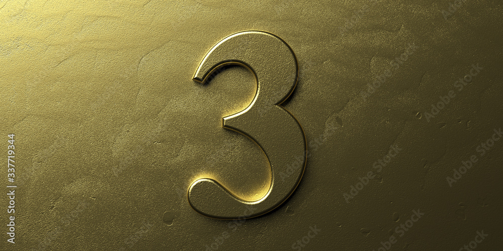 Naklejka premium Three, gold number 3. Shiny digit 3 on golden bright background. 3d illustration