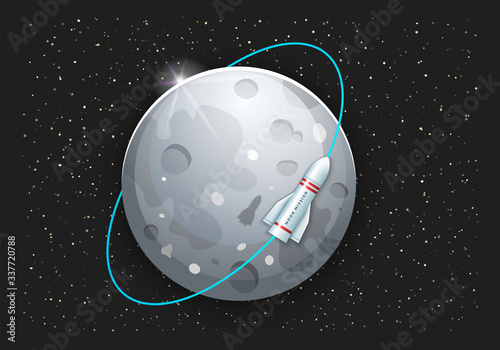 Tourism on the Moon. Vector illustration with rocket flight around the Moon