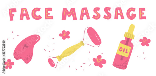 Home beauty routine essensials set. Vector hand drawn illustration and lettering. Gua sha, face oil, massage roller. Skin care products for SPA, beauty concept.
