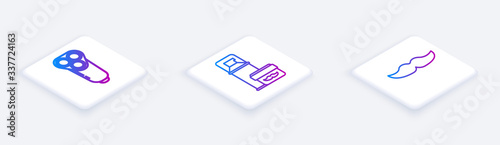 Set Isometric line Electric razor blade for men, Shaving gel foam and Mustache. White square button. Vector