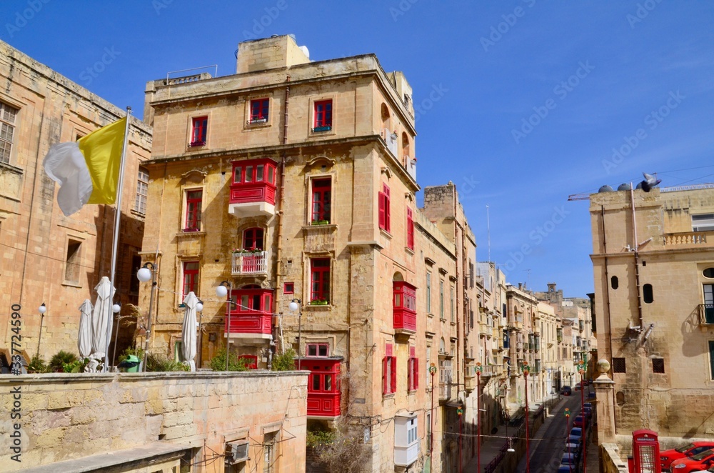 Traditional colorful balconies, Valletta old town, Malta