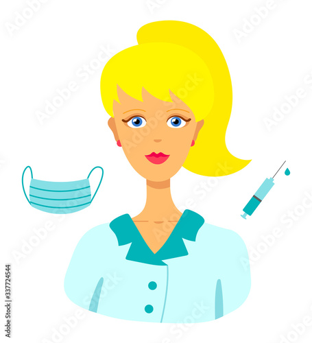 Woman blonde doctor with ponytail hairstyle in blue lab coat. Medical mask and syringe near her. Cartoon character. Vector graphics, illustration