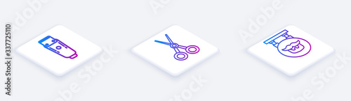 Set Isometric line Electrical hair clipper or shaver, Scissors hairdresser and Barbershop. White square button. Vector