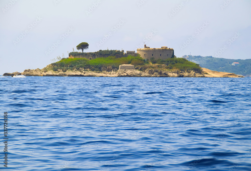 Scenic view of historic island of Mamula: former fortification and prison. Boka Kotorska bay of Adriatic sea, Montenegro. 