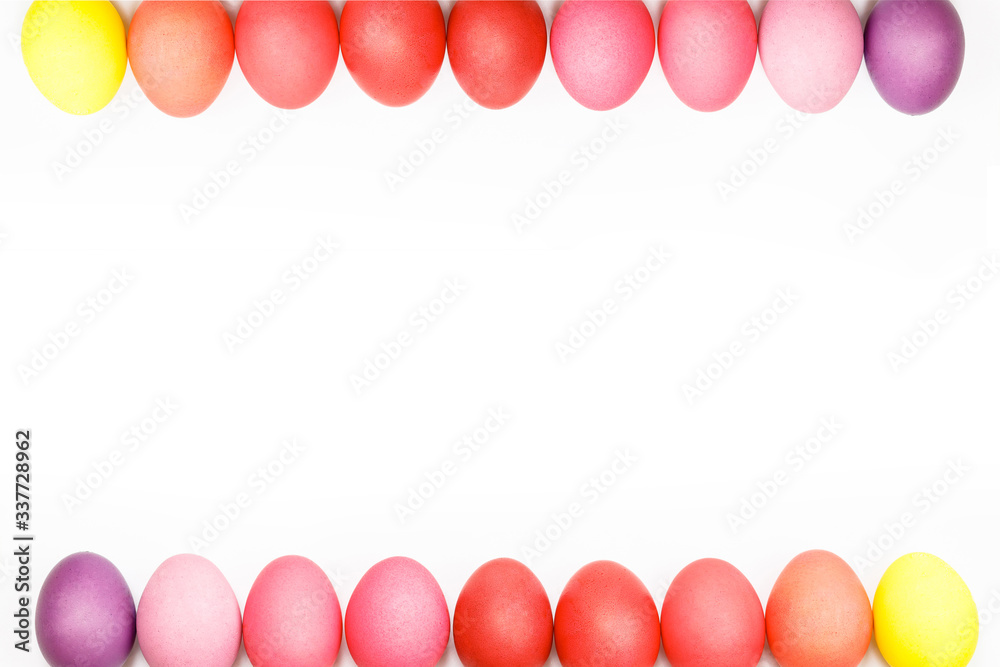 Easter multicolor eggs isolated on a white background. Rainbow. Copy space. Flat lay. Top view. Easter multicolor eggs isolated on a white background. Rainbow. Copy space. Flat lay. Top view.