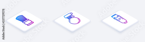 Set Isometric line Shaving brush, Hairdresser pistol spray bottle and Electrical hair clipper or shaver. White square button. Vector