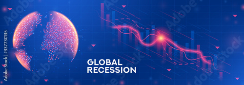 Global recession web banner. Background concept with falling stock charts and financial diagrams. Vector illustration with 3d world globe on blue background. photo
