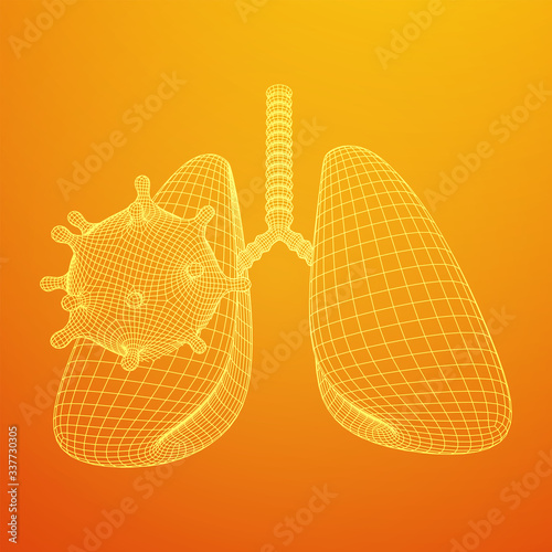 Corona Virus and Lungs with trachea bronchi internal organ human. Covid virus pulmonology medicine science concept. Wireframe low poly mesh vector illustration.