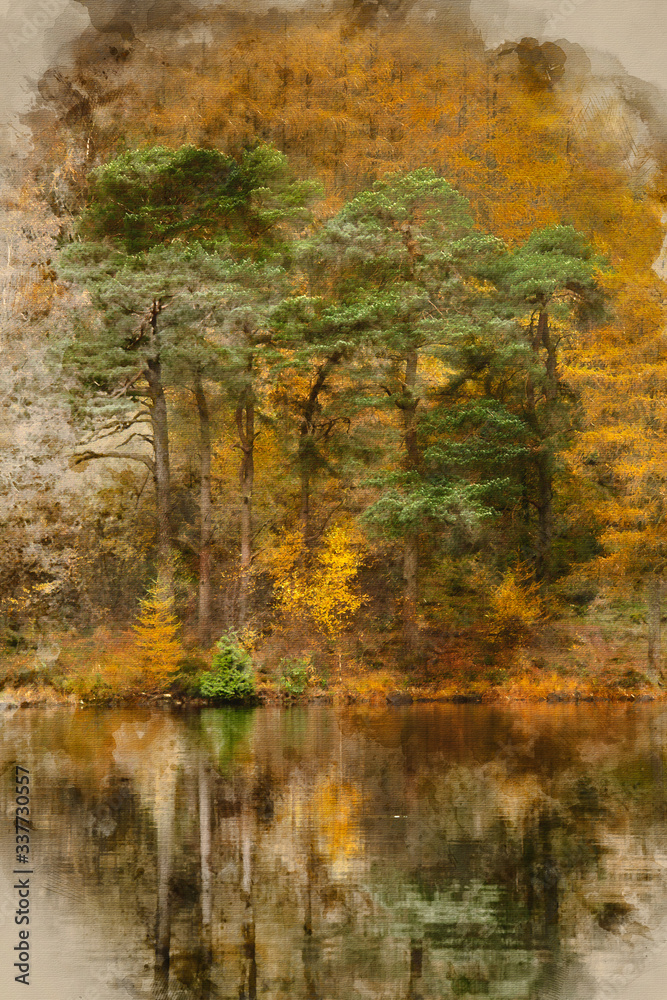 Obraz premium Beautiful colorful vibrant Autumn Fall landscape image of Blea Tarn with golden colors reflected in lake