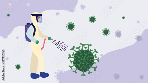 Concept of Disinfecting Coronavirus Cells. Illustration of medical staff spraying disinfectant to kill covid 19 virus and bacteria photo