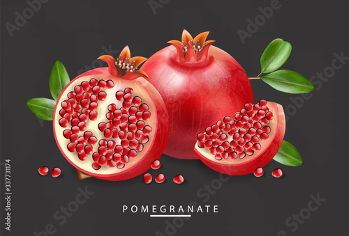 Red pomegranate realistic, fresh fruit isolated, black background, pomegranate banner