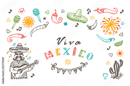 Viva Mexico Vector Greeting Card with Hand drawn doodle Mexican man with Guitar, Sombrero, Cactus, Maracas, Sun, Pepper Chili, Nachos, Firework, Bunting Flags. Mexican holiday
