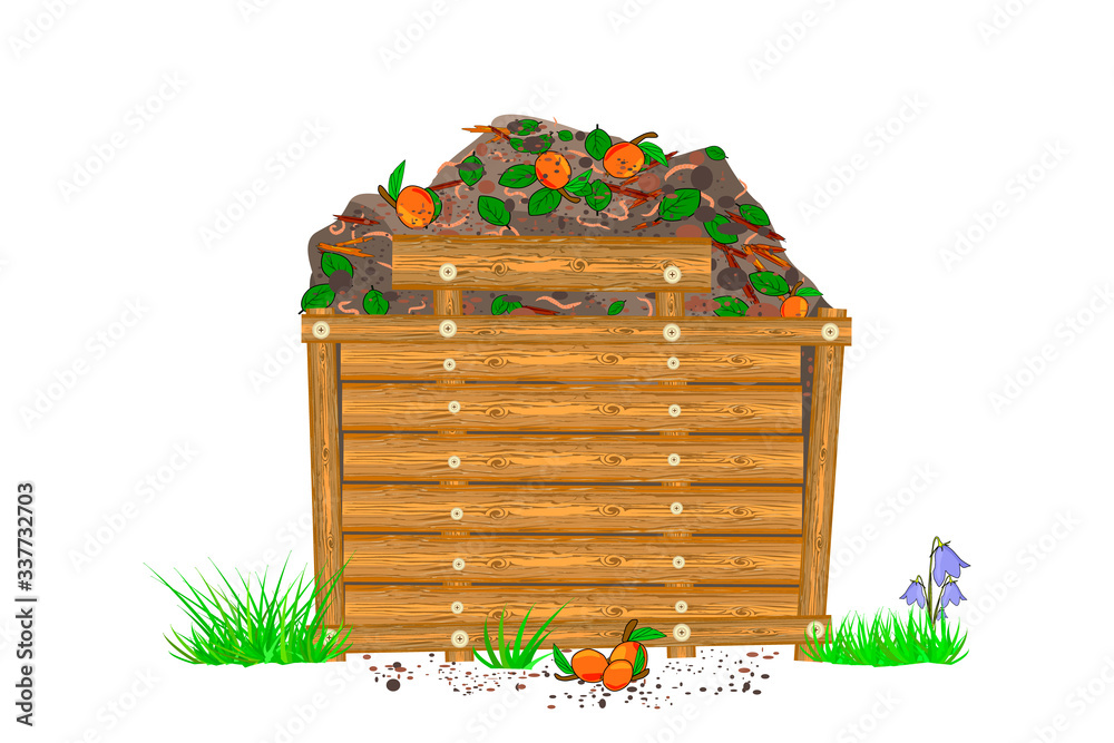 Compost wooden box isolated on white background. Compost pile with soil ...