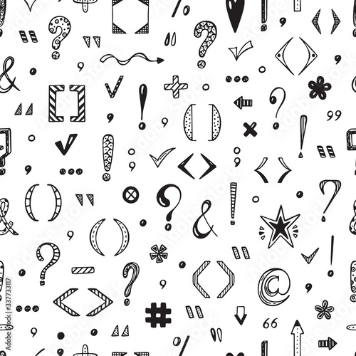 Punctuation marks Vector Seamless pattern. Hand Drawn doodle Question mark, Exclamation mark, Parenthesis, Quotation marks, Checkmarks, Ampersand, Arrow
 photo