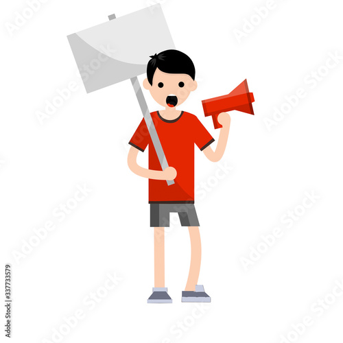Young adult student protests. Loudspeaker in hand of guy in red clothes. The slogans and demands of men. Protection of rights. Political meeting and riot. Sign banner. Cartoon flat illustration
