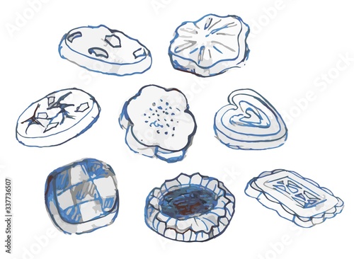 set of cakes and cookies.hand-drawn drawing.a white background is used.for use in printed products, packaging paper, interior and decor