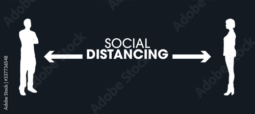 icon of man and woman standing with distance for avoid virus. concept of social distancing and isolation
