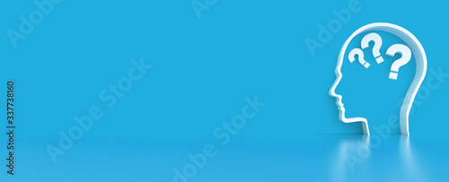 question mark in Human Head outline in front of a color wall background. Business support concept